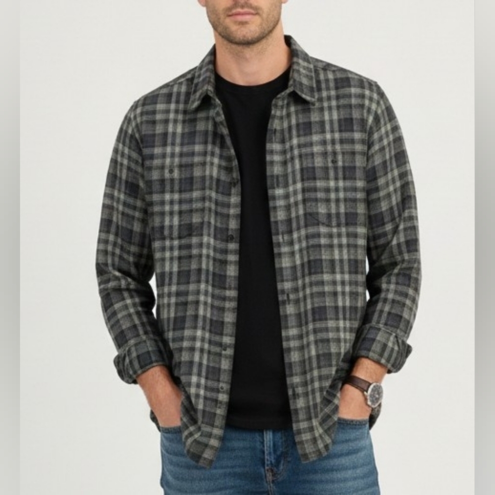 Toad&Co Flannagan Men’s 100% Organic Cotton Flannel Shirt - Gray Blue Plaid M
